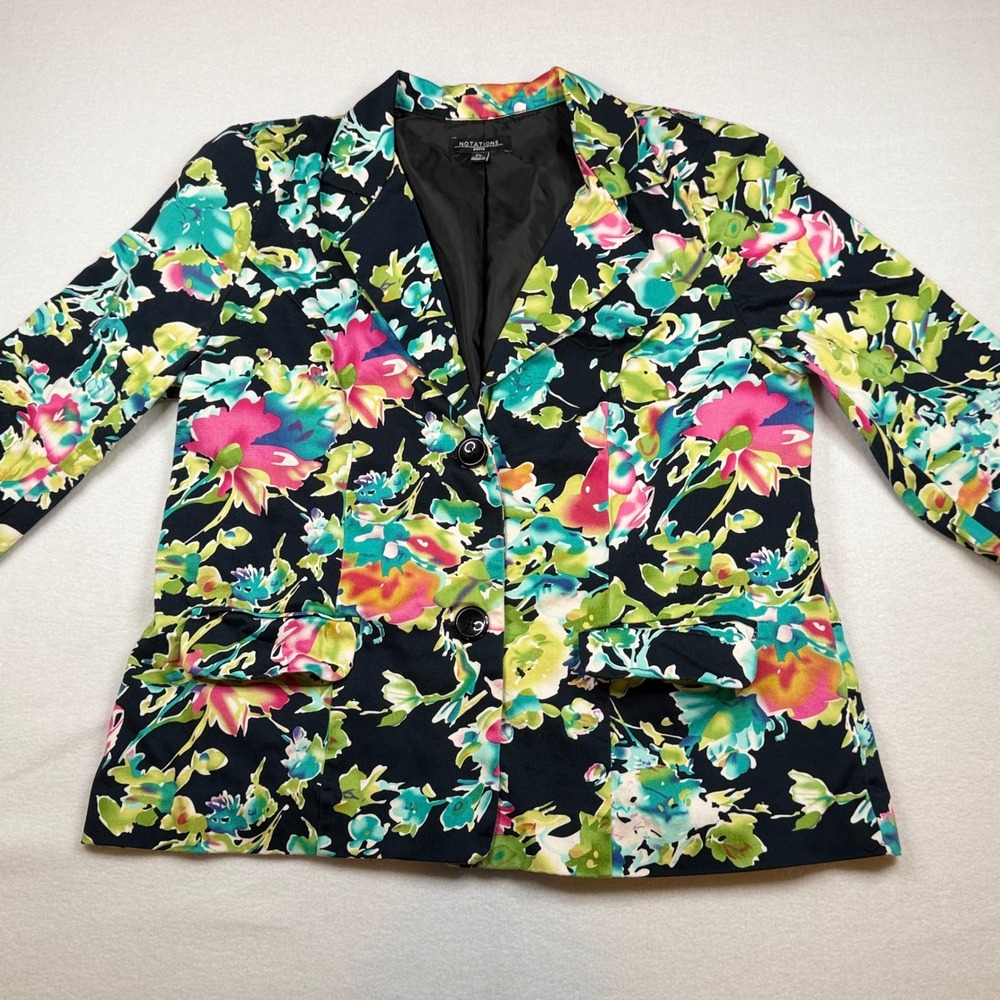 Notations Petite Floral Blazer Navy Blue Pink Green Cotton Blend Jacket PL